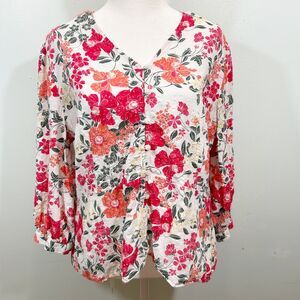 Liz Claiborne White Red Orange Colorful Floral Cotton Blend Top Blouse Size LP